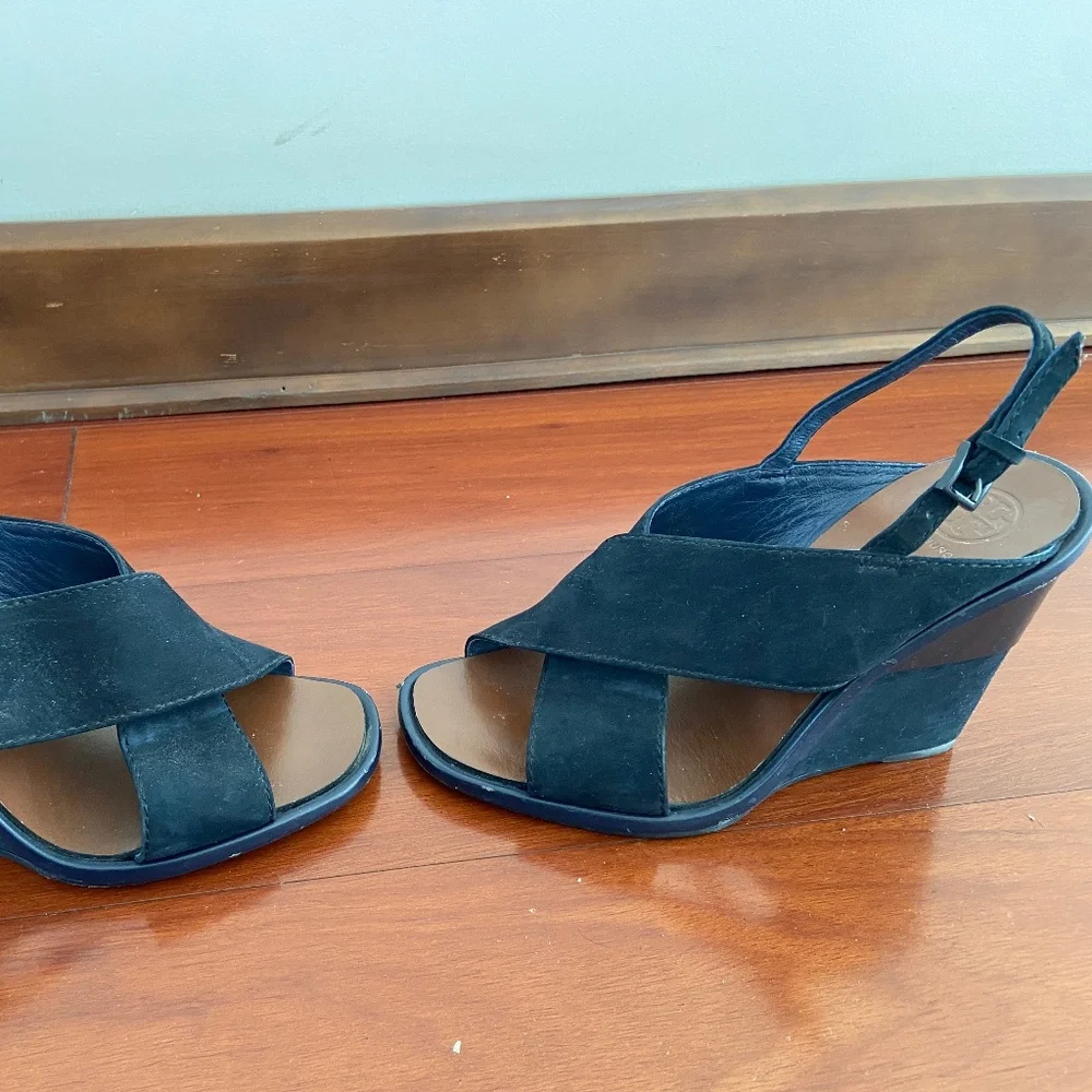 TORY BURCH GABRIELLE NUBUCK wedge Sandals navy blue shoes size 6 - Picture 5 of 8